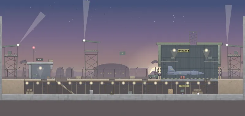 Military Base: towers, a bunker and a hangar under searchlights.