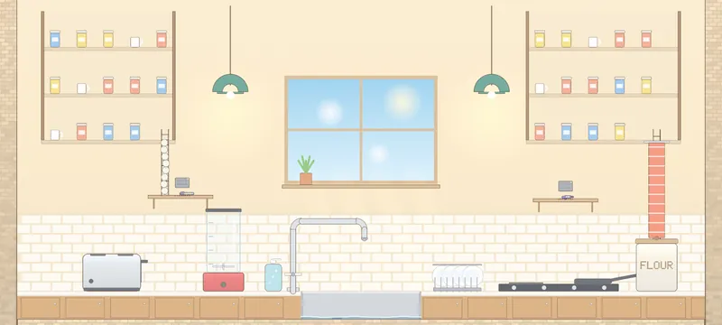Kitchen Counter: a giant kitchen with shelves, a toaster, a blender and a sink.