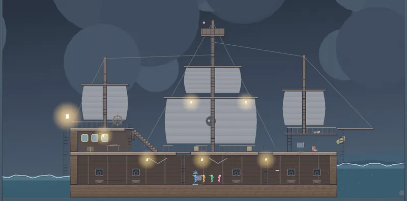 Pirate Ship: a three-masted ship on a stormy sea at night.