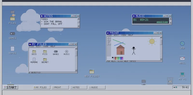 Retro Desktop: an old computer desktop with windows, icons and a taskbar.