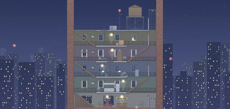Tower Block: a five-floor apartment block at night with a lift.