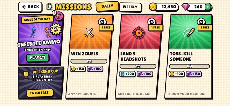 Missions: the mode of the day with +50% XP, the weekend cup, daily missions and a daily chest.