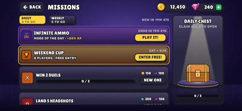Missions: the mode of the day with +50% XP, the weekend cup, daily missions and a daily chest.