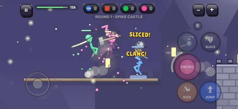 A sword and frying-pan brawl between colourful stick fighters on Spike Castle at night: SLICED! and CLANG! pop as the hits land.