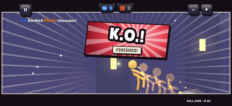 A slow-motion kill cam: a K.O.! card reads FINISHED! as the last opponent goes down.