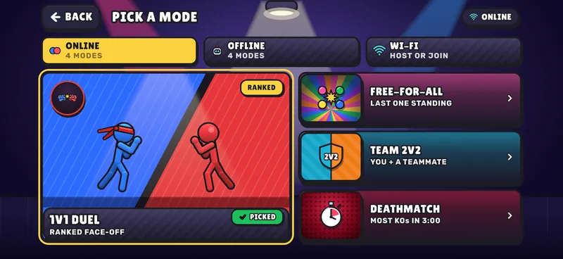 ALL MODES in Spotlight: the 1v1 Duel hero card with Free-for-all, Team 2v2 and Deathmatch tiles.