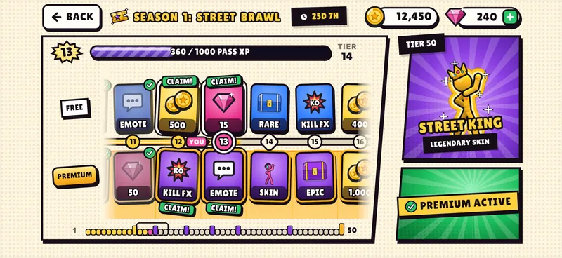 The season pass: a free and a premium reward track with tiers to claim, and Street King waiting at tier 50.