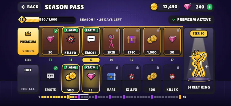 The season pass: a free and a premium reward track with tiers to claim, and Street King waiting at tier 50.