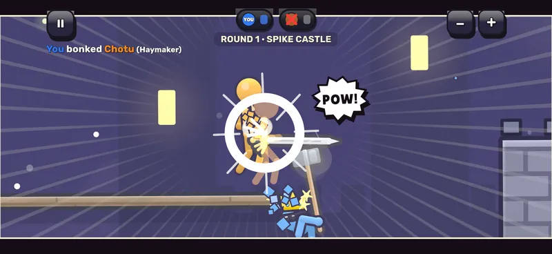 POW! A haymaker connects on the castle walkway and the opponent flies.