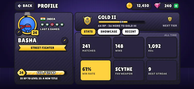 The profile: avatar, level 24, Gold II rank, 241 matches, 148 wins and 1,092 KOs.