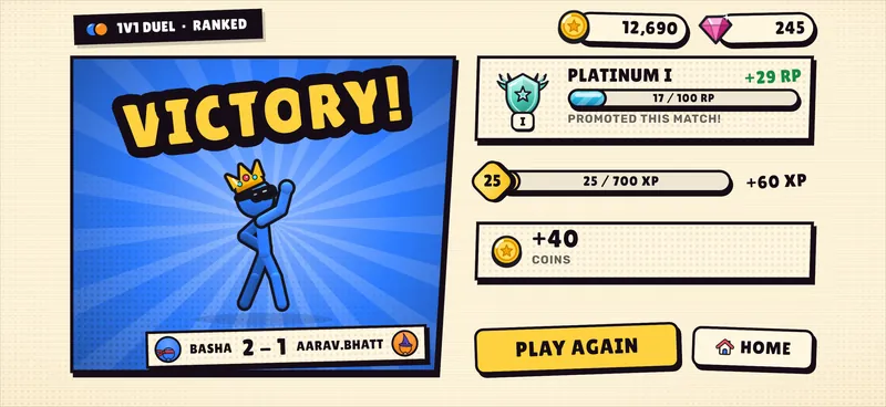 The same results in Comic: a blue burst panel with VICTORY! and the rewards on paper cards.