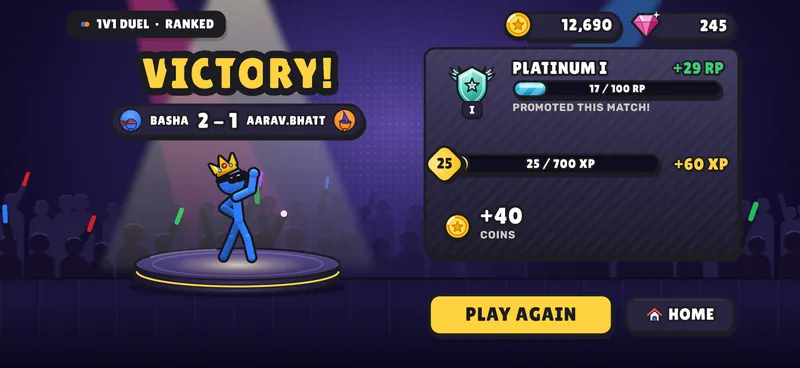 A ranked duel won in Spotlight: VICTORY!, promoted to Platinum I, +60 XP and +40 coins.