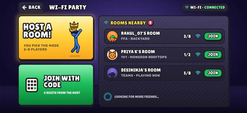 The Wi-Fi party screen: HOST A ROOM, JOIN WITH CODE, and three rooms nearby on the same Wi-Fi, each with a JOIN button.