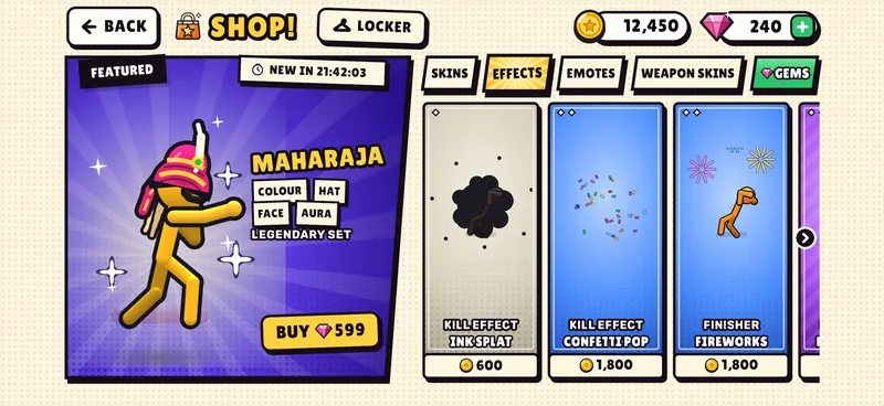 The shop's effects tab: knockout effects such as Ink Splat, Confetti Pop and Fireworks with their coin or gem prices, next to the featured Maharaja outfit.