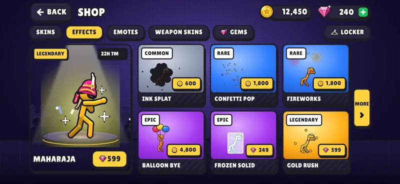 The shop's effects tab: knockout effects such as Ink Splat, Confetti Pop and Fireworks with their coin or gem prices, next to the featured Maharaja outfit.