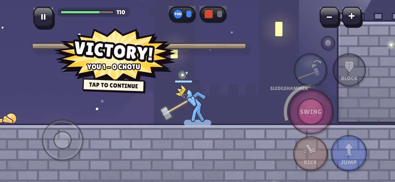VICTORY! You 1, Chotu 0: the winner stands on the castle walkway with a sledgehammer.
