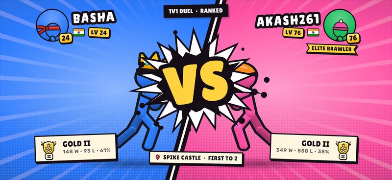 The VS screen before a ranked 1v1 duel: Basha, Gold II, against Akash261 on Spike Castle, first to 2.