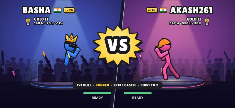 The VS screen before a ranked 1v1 duel: Basha, Gold II, against Akash261 on Spike Castle, first to 2.