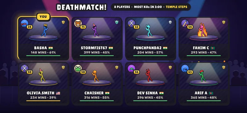 The deathmatch VS grid: eight fighter cards with names, flags and win records on Temple Steps.